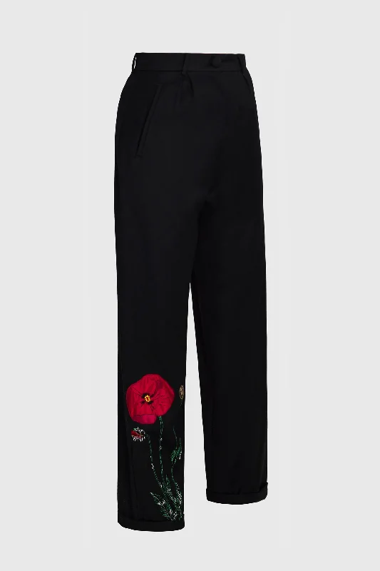 Poppy Flower Trousers - Embroidered Black Wool