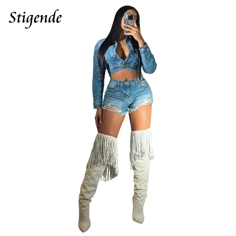 FZ Women's Glitter Rhinestone Ripped Shorts Sexy 2 Piece Denim Shorts Suit