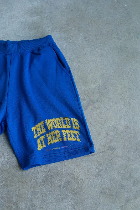 The World is at Her Feet Fleece Shorts - Royal