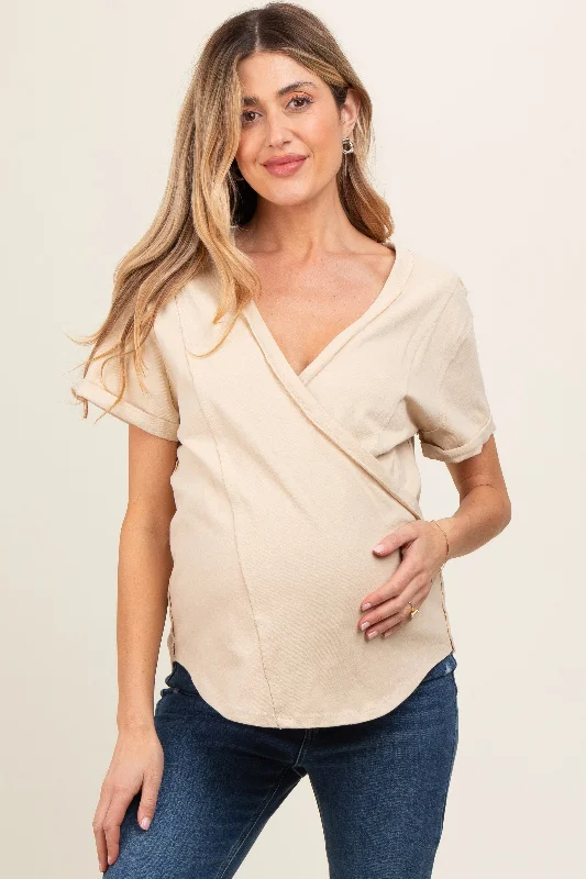 Beige Wrap Short Sleeve Raw Hem Maternity Top