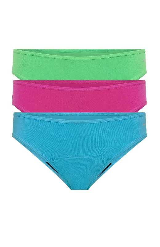 Basic Mid-Rise Bikini 3 pack Moderate-Heavy Fandango Pink/Cerulean Blue/Irish Green Scalloped bikini bottom, Feminine, Chic, Trendy