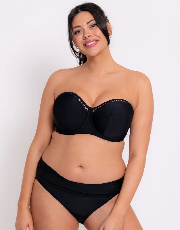 Curvy Kate First Class Bandeau Strapless Multiway Bikini Top Black Bikini with scalloped edges, Chic, Feminine, Trendy