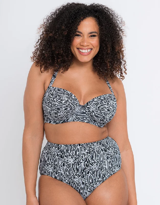 Curvy Kate Sundown Padded Balcony Bikini Multiway Top Black Print Bikini with ruffle sleeves, Feminine, Trendy, Stylish