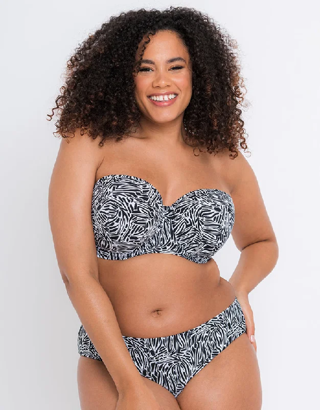 Curvy Kate Sundown Bandeau Strapless Multiway Bikini Top Black Print Bikini with tassels, Fun design, Beachwear, Trendy