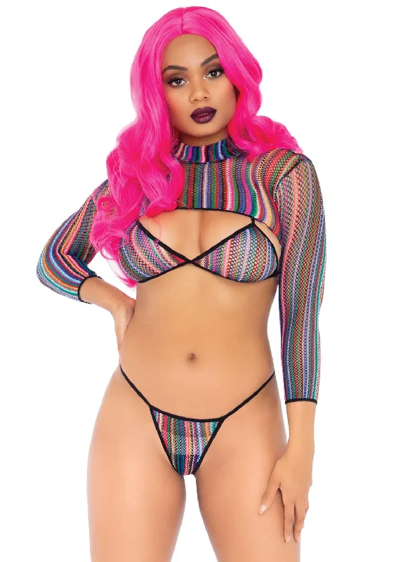 Three Piece Fishnet Bikini G-String and Crop Top Color-block bikini, Bold, Trendy, Sexy
