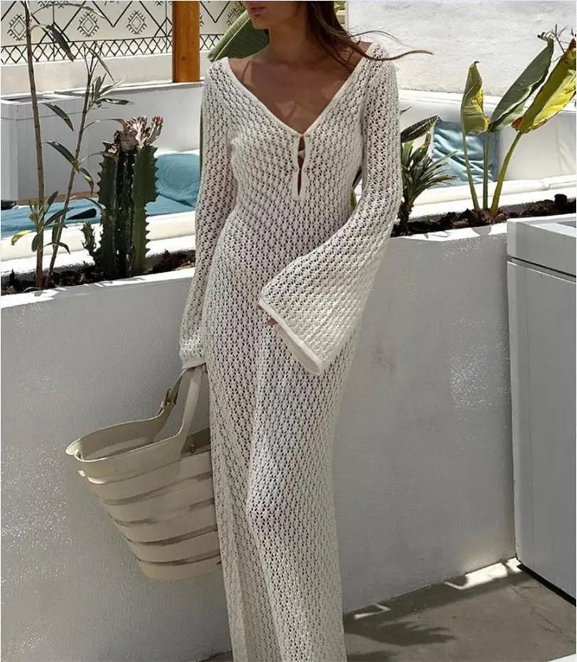 Women Long Knit Beach Dress Hollow-Out Deep V-Neck Long Sleeve Bikini Banded bikini, Sleek, Sexy, Comfortable