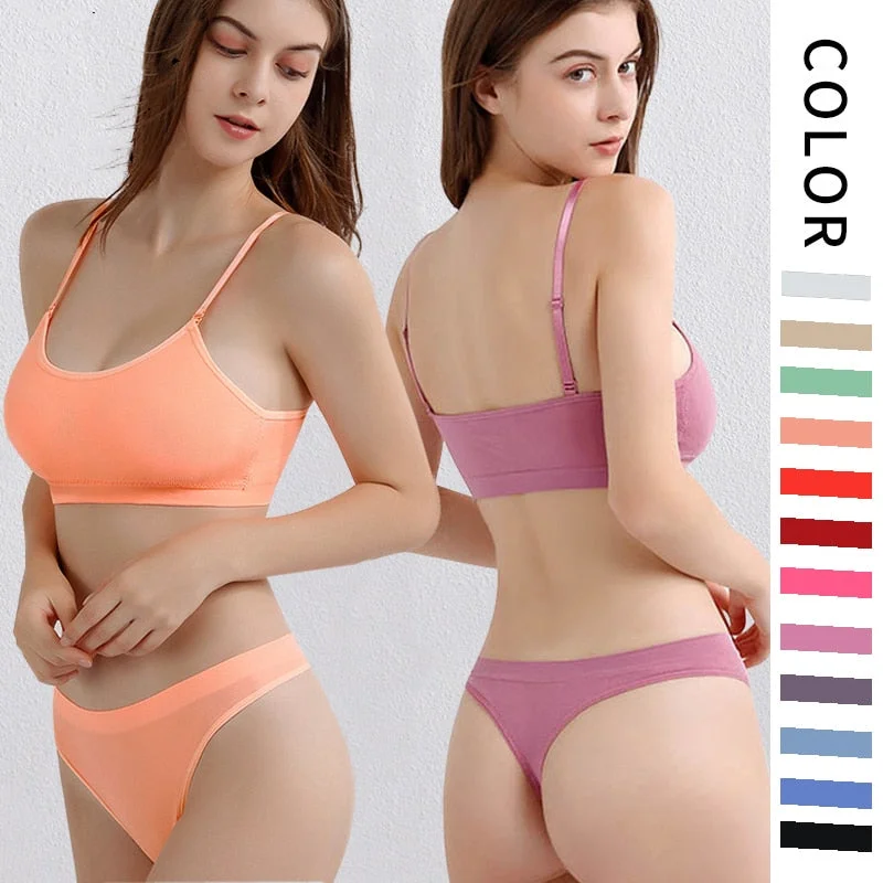 Women Seamless Bra Set Sexy Thong Low Waist Panties Wire Free Bra Bralette Lingerie Brassiere Candy Colors Underwear Bikini Set Retro bikini, Vintage style, Comfortable, Sexy