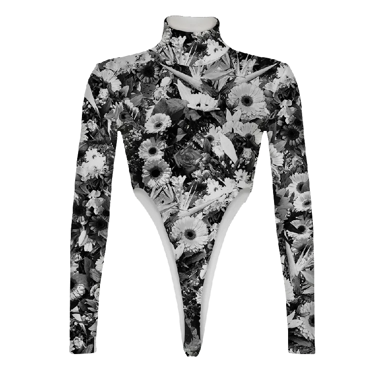 B&W Flowers Turtleneck Long Sleeve Jumpsuits Casual jumpsuit, Street style, Comfortable, Trendy