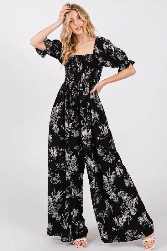 Black Floral Smocked Square Neck Wide Leg Jumpsuit Faux leather jumpsuit, Trendy, Street style, Fashionable