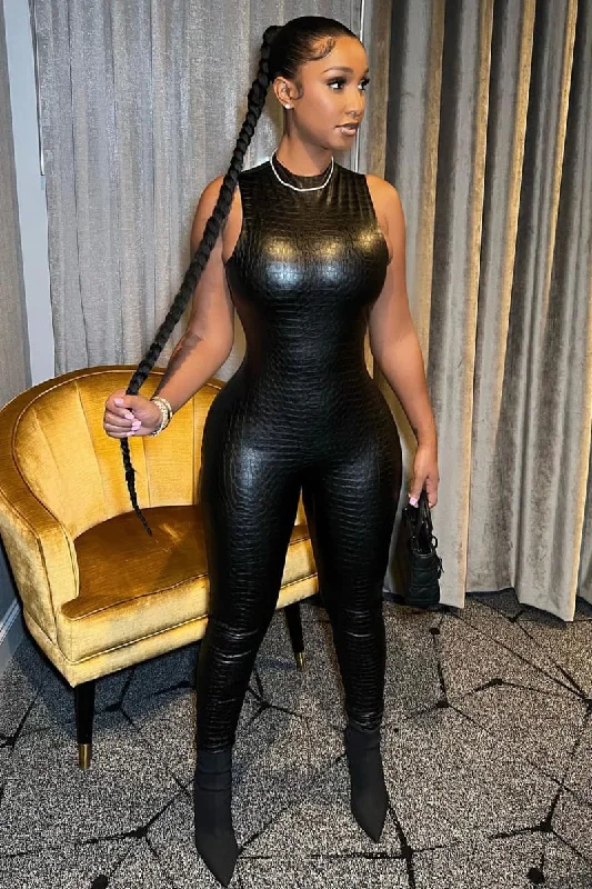 Black Sleeveless Turtleneck Snakeskin Leather Jumpsuit Strapless jumpsuit, Sexy, Summer, Party wear