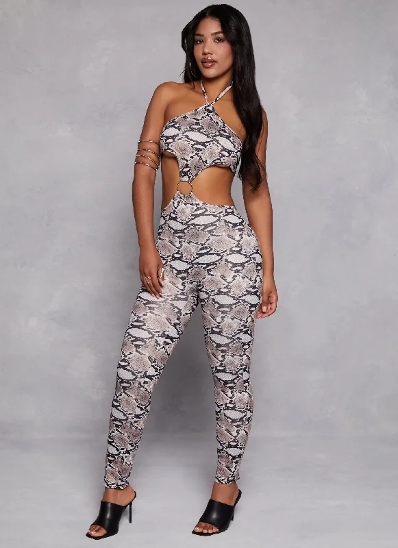 Snake Print O Ring Cut Out Halter Jumpsuit Off-shoulder jumpsuit, Sexy, Elegant, Party wear