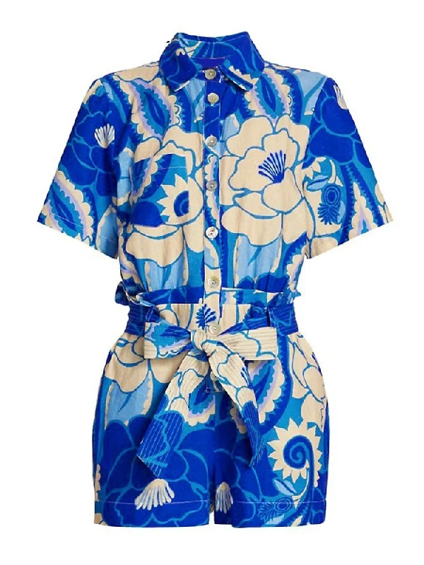 Summer Jumpsuits Flower Print Playsuits For Women Lapel Short Sleeve High Waist Shorts Elegant jumpsuit, Wide leg, Party wear, Stylish