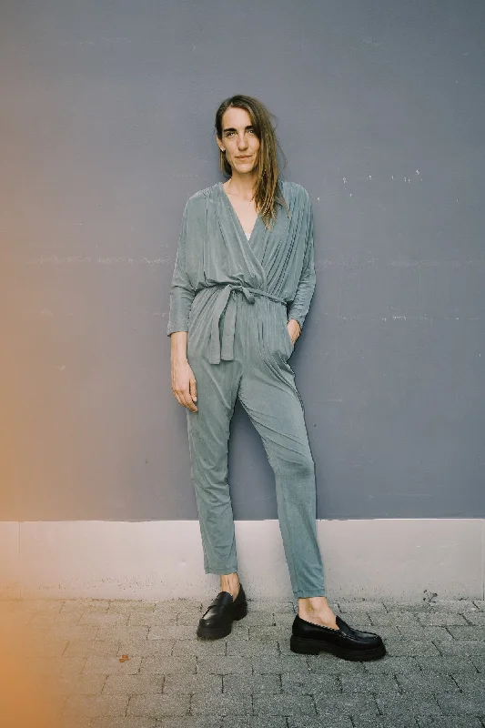 cupro wrap jumpsuit - sage green Jumpsuit with bow tie, Feminine, Trendy, Elegant