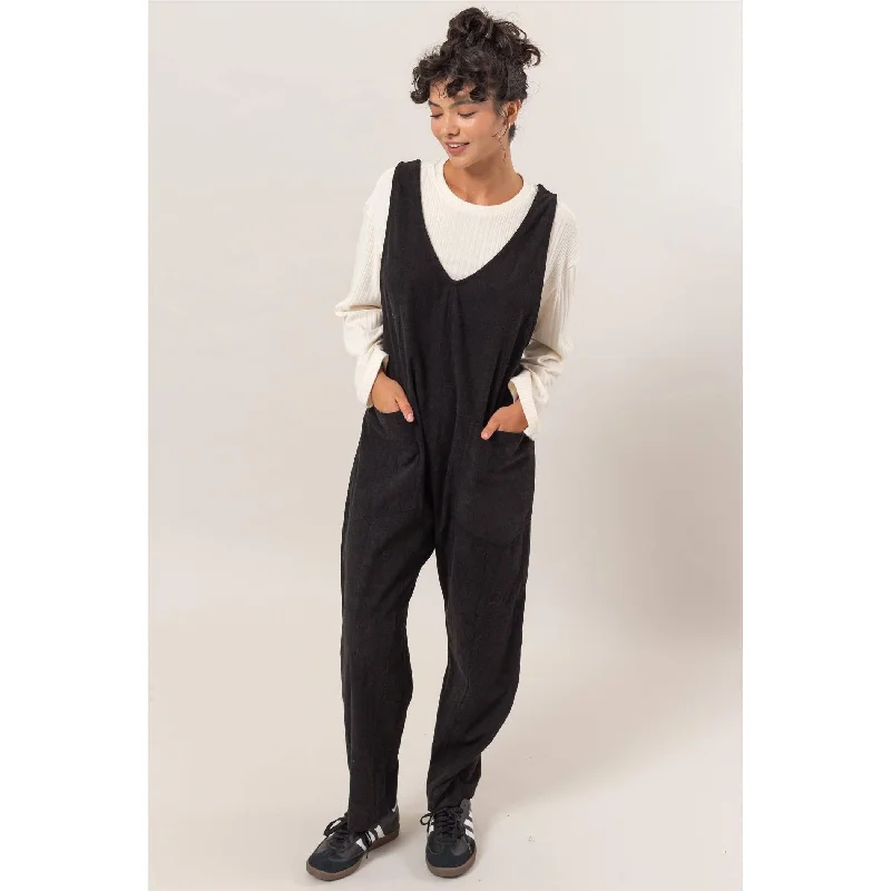 Black Corduroy Jumpsuit With Patch Pockets Jumpsuit with pockets, Casual, Comfortable, Trendy