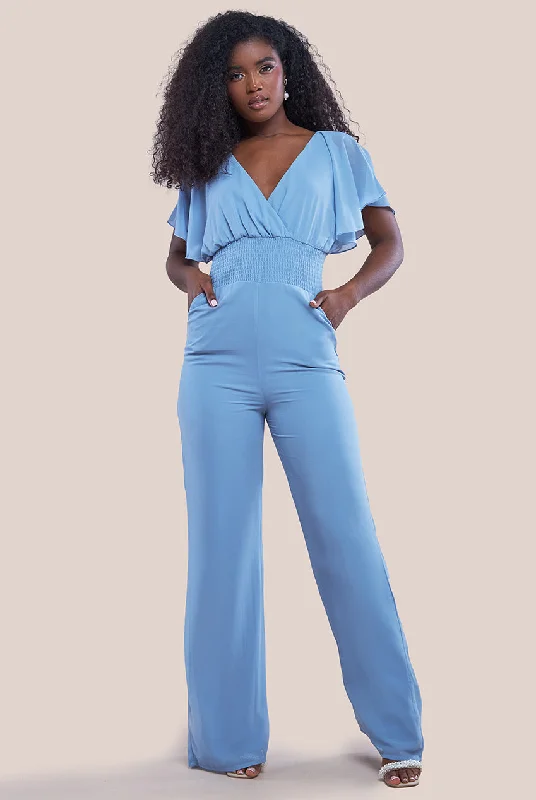 Goddiva Chiffon Jumpsuit With Flutter Sleeves - Blue Jumpsuit with belt, Waist tie, Slim fit, Fashionable