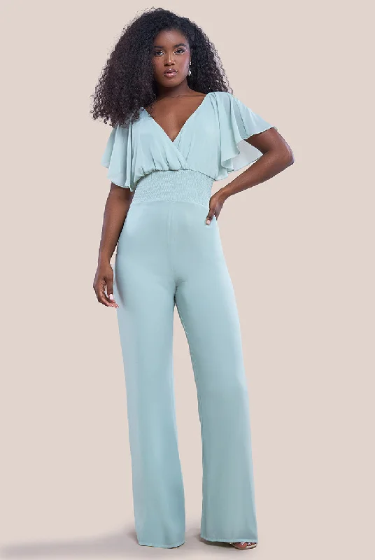 Goddiva Chiffon Jumpsuit With Flutter Sleeves - Sage Green White jumpsuit, Classic style, Elegant, Summer wear