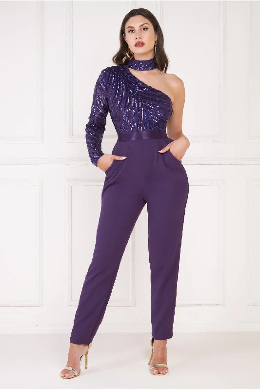 Goddiva One Shoulder Sequin Jumpsuit - Purple Black satin jumpsuit, Nightwear, Glamorous, Elegant