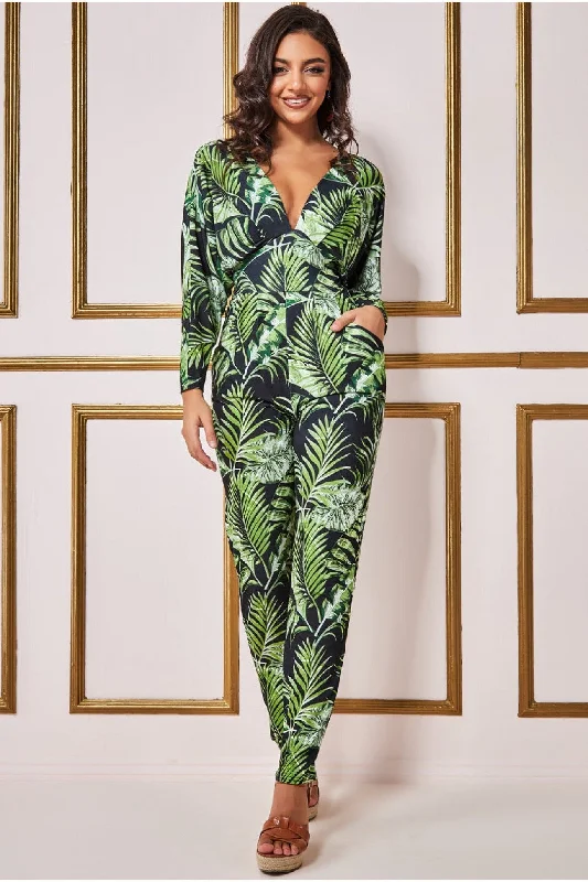 Goddiva Tropical Print Jumpsuit - Green Ruffle jumpsuit, Feminine touch, Trendy, Party wear Goddiva Tropical Print Jumpsuit - Green Ruffle jumpsuit, Feminine touch, Trendy, Party wear