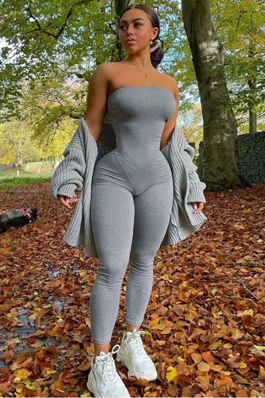 Grey Strapless Tight Jumpsuit Button-down jumpsuit, Casual, Street style, Trendy