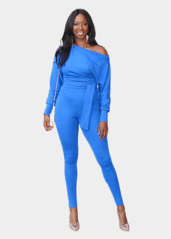 Jasmine Off Shoulder Jumpsuit - Blue Wide leg denim jumpsuit, Casual, Comfortable, Trendy