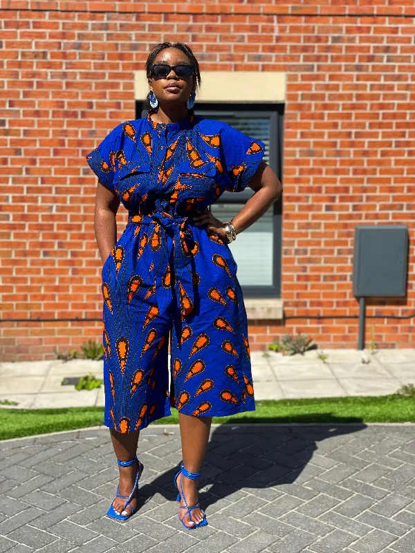 Kiekie Ankara Culotte Jumpsuit | Blue and Orange  African Print Wrap-around jumpsuit, Elegant, Feminine, Comfortable