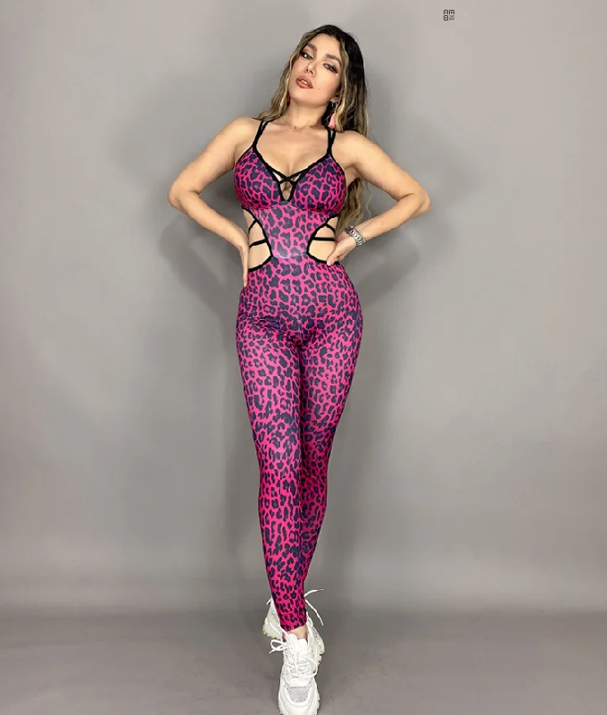 La Fitwear Jumpsuit Sexy Waist Pink Leopard Denim romper jumpsuit, Casual, Comfortable, Trendy