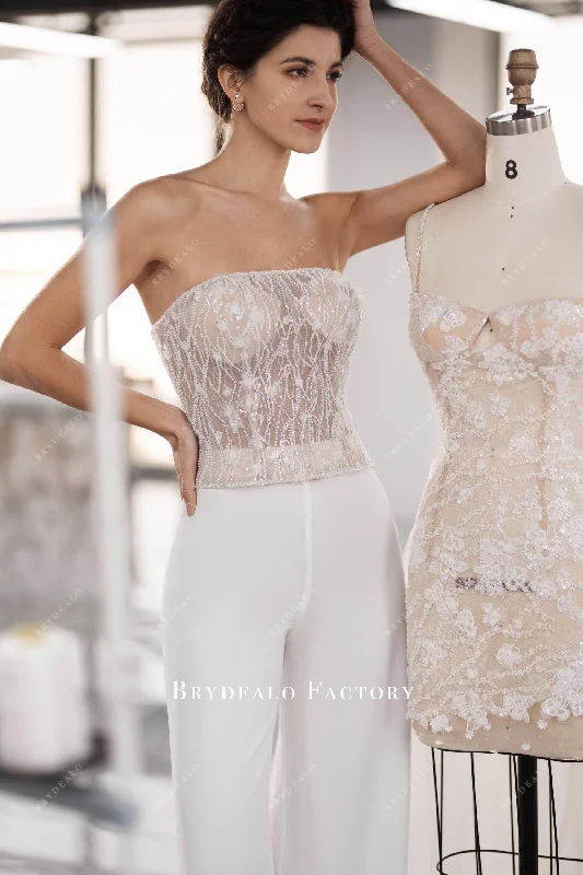 Lace Illusion Corset White Chiffon Bridal Jumpsuit Palazzo jumpsuit, Flowy design, Comfortable, Stylish Lace Illusion Corset White Chiffon Bridal Jumpsuit Palazzo jumpsuit, Flowy design, Comfortable, Stylish
