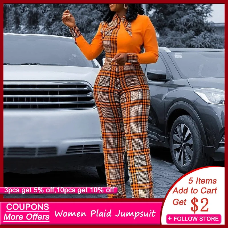 Long Sleeve Plaid Jumpsuit Women Office Ladies Spring Autumn Sporty jumpsuit, Athletic, Casual, Trendy