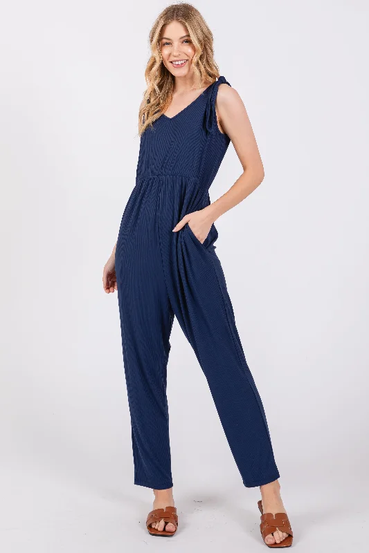Navy Tie Strap Jumpsuit Tailored jumpsuit, Sleek, Professional, Business casual