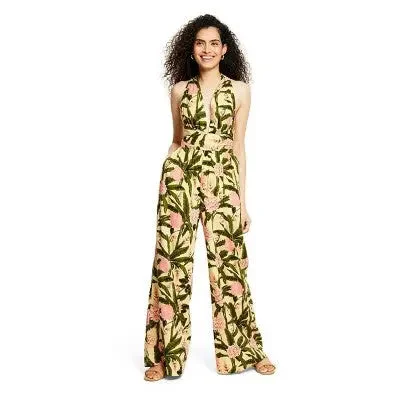 Agua Bendita Sleeveless Cutout Back Full-Length Jumpsuit, Botanical Olive/Yellow Deep V jumpsuit, Sexy, Elegant, Fashionable