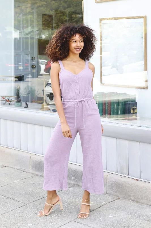 Petite Cotton Button Up Jumpsuit (Lilac) Elegant black jumpsuit, Formal wear, Stylish, Chic