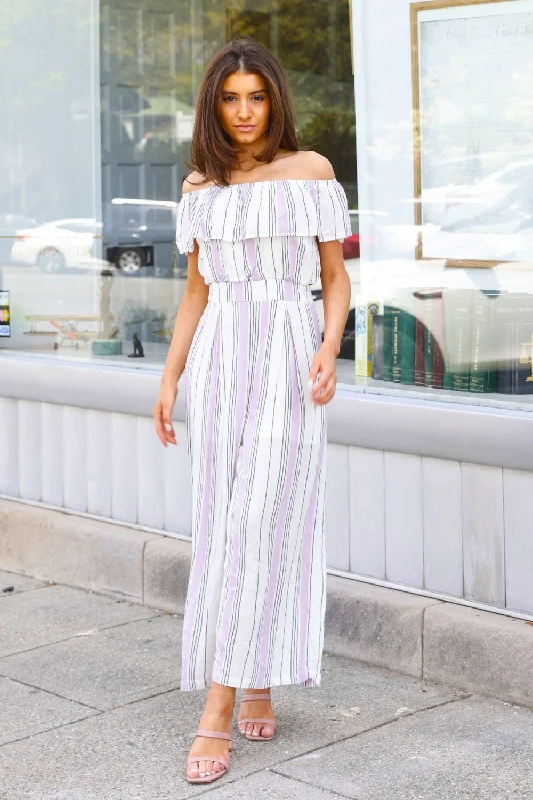 Petite Off the Shoulder Stripe Jumpsuit (Ivory/Lavender) Summer jumpsuit, Light fabric, Comfortable, Fashionable