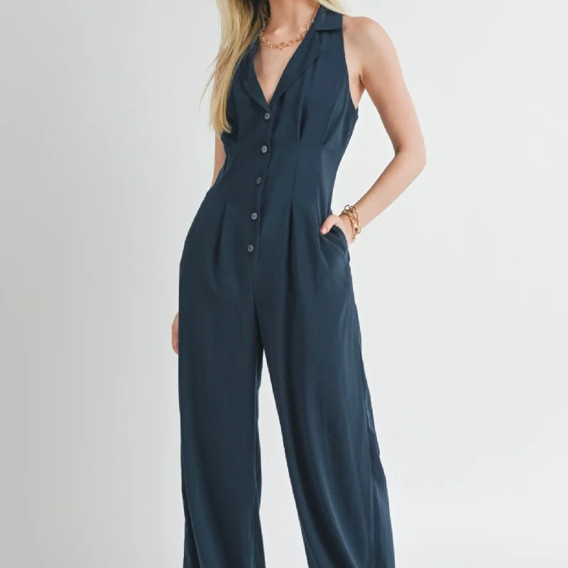 Sage the label Finest touch navy halter jumpsuit Button-down jumpsuit, Casual style, Comfortable, Trendy Sage the label Finest touch navy halter jumpsuit Button-down jumpsuit, Casual style, Comfortable, Trendy