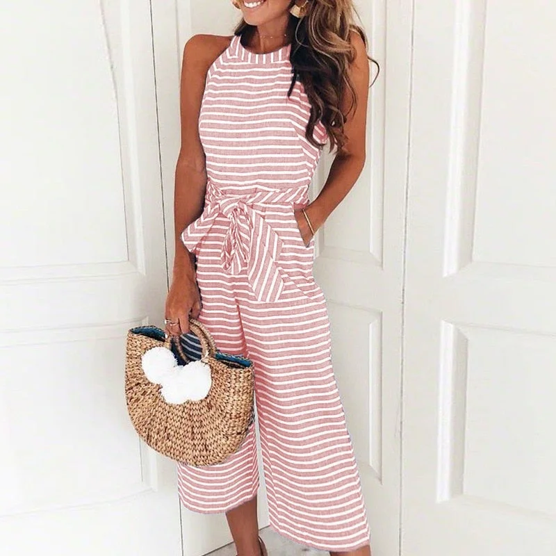 Striped Printed Lace up Pocket O neck Sleeveless Long Wide Leg Jumpsuit Relaxed fit jumpsuit, Comfortable, Casual, Feminine