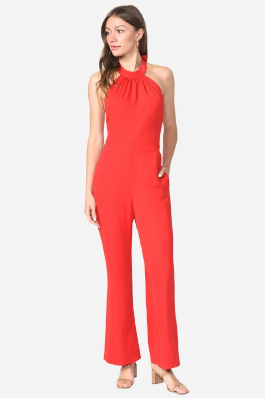 Adelyn Rae Vena Crepe Halter Jumpsuit in Red Boho chic jumpsuit, Relaxed, Trendy, Comfortable