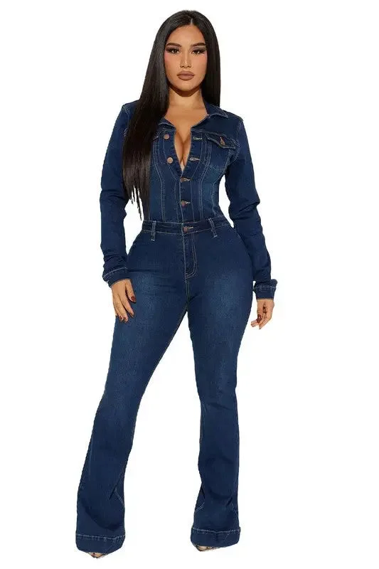 WOMEN DENIM SEXY JUMPSUIT Long sleeve wide leg jumpsuit, Cozy, Trendy, Elegant