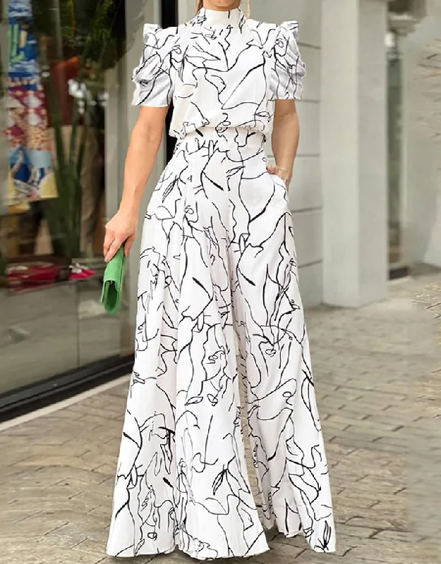 Women Jumpsuit Loose Fashion Elegant Long Pants Short Sleeve Halterneck Art Print Sets High Streetwear For Women Double-breasted jumpsuit, Vintage, Elegant, Chic