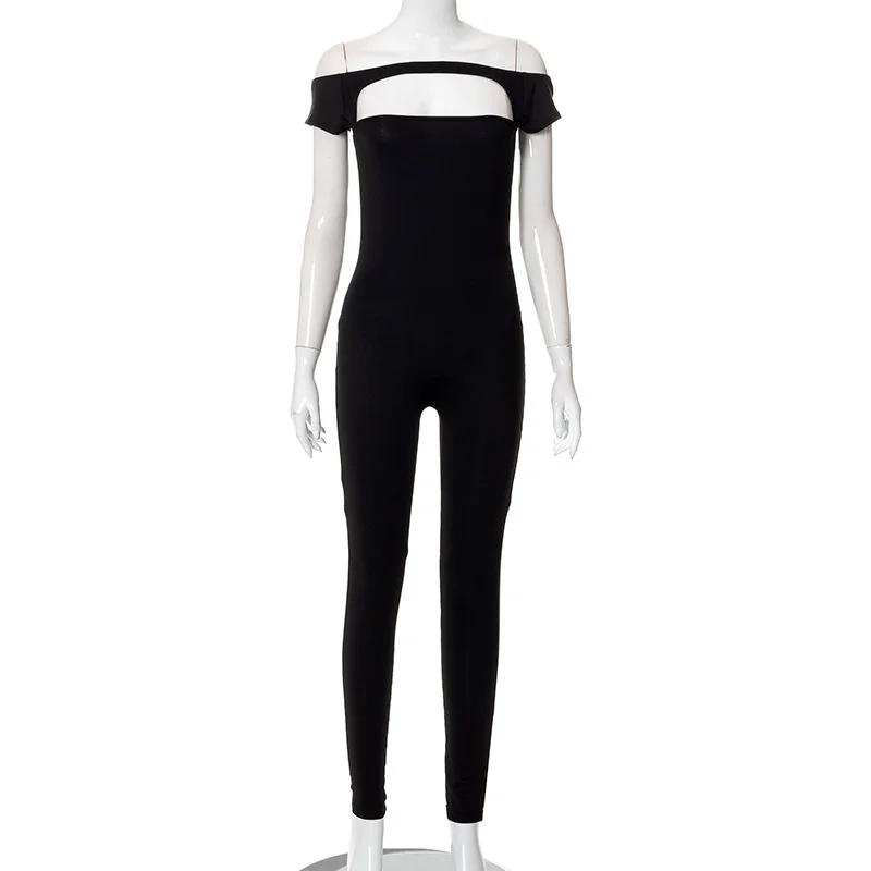 Women Solid Color One-Shoulder Short-Sleeved Hollow Hip-Lifting Tight Casual Jumpsuit Sleeveless wide leg jumpsuit, Comfortable, Trendy, Casual