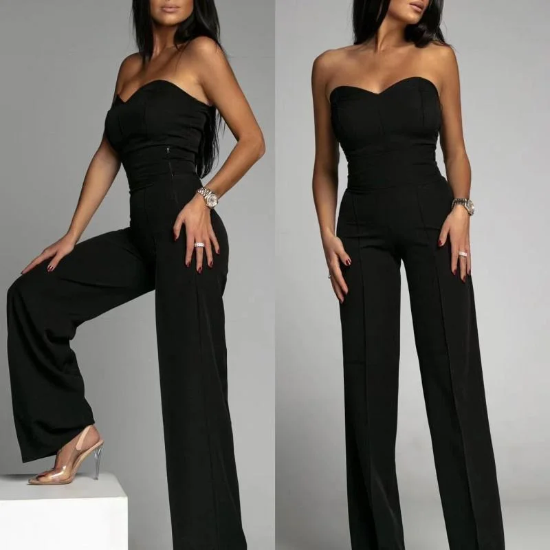 Women Solid Color Tube Top Casual High Waist Wide Leg Jumpsuit Off-shoulder jumpsuit, Elegant, Cocktail party, Fashionable Women Solid Color Tube Top Casual High Waist Wide Leg Jumpsuit Off-shoulder jumpsuit, Elegant, Cocktail party, Fashionable