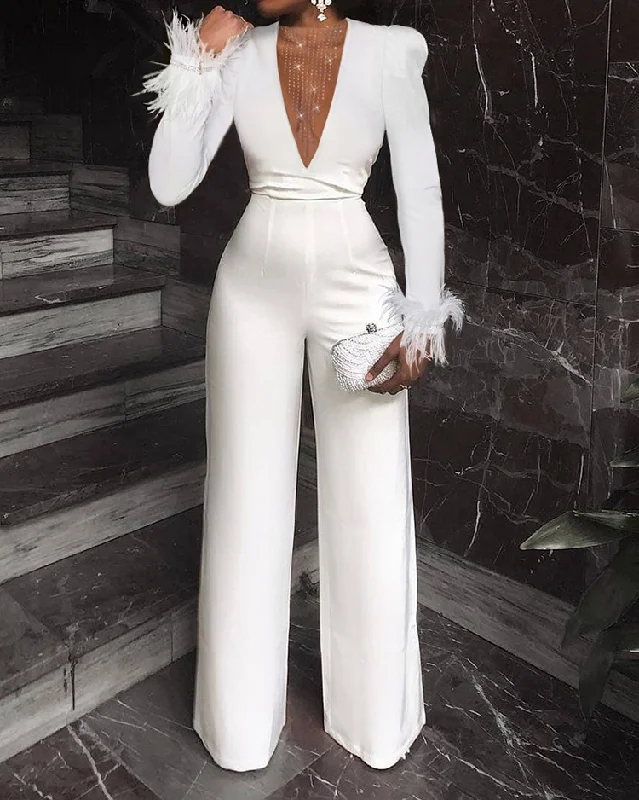 Women Solid V-Neck Mesh Feather Patchwork Long Sleeve Neck Waist Wide Leg Jumpsuit V-neck jumpsuit, Sexy, Trendy, Comfortable