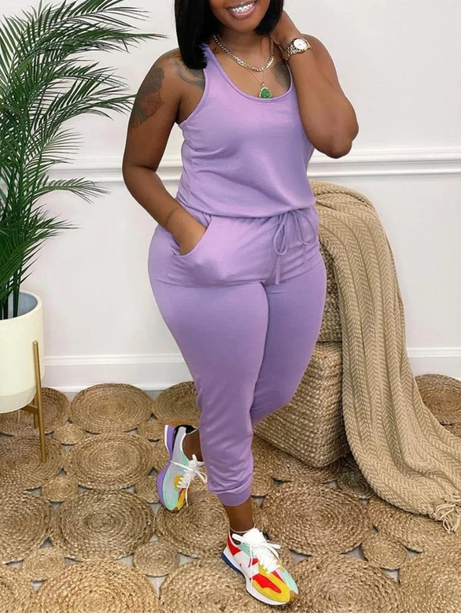 4XL 5XL LW Plus Size Women Clothing 2024 Spring Stretchy Sleeveless Solid U Neck Drawstring Light One-piece Casual Jumpsuit Lace jumpsuit, Elegant, Sheer, Feminine